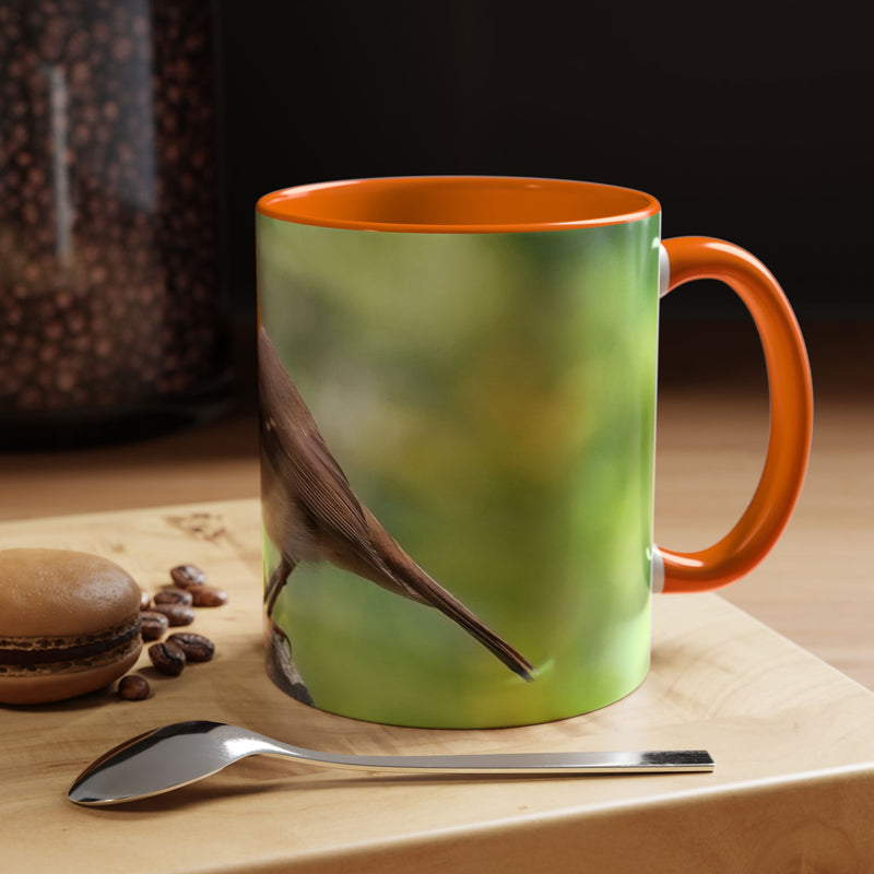 Stately Robin Ceramic Mug 325ml with Orange handle and interior — artistic bird print on orange handle mug.