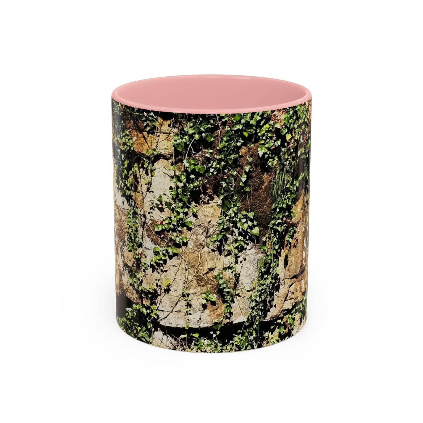 Adventurous 11oz Mug - Overgrown Rocks Adventure Coffee Mug showing the pink handle and pink inside beside decor.