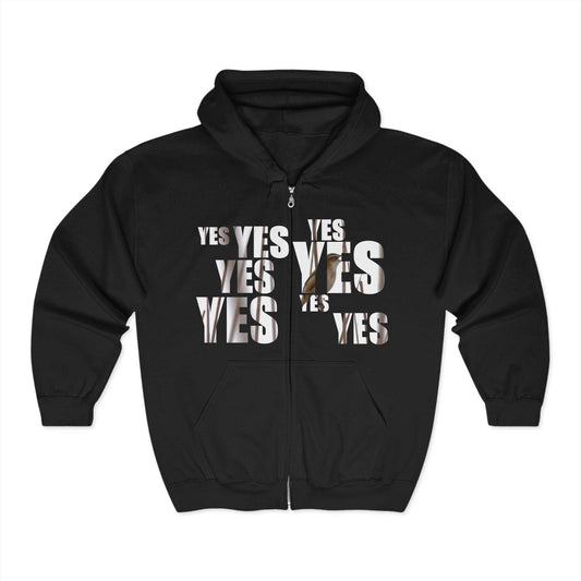 Unisex Heavy Blend™ full zip hooded sweatshirt with "Yes and No" print, ideal for comfort and style.