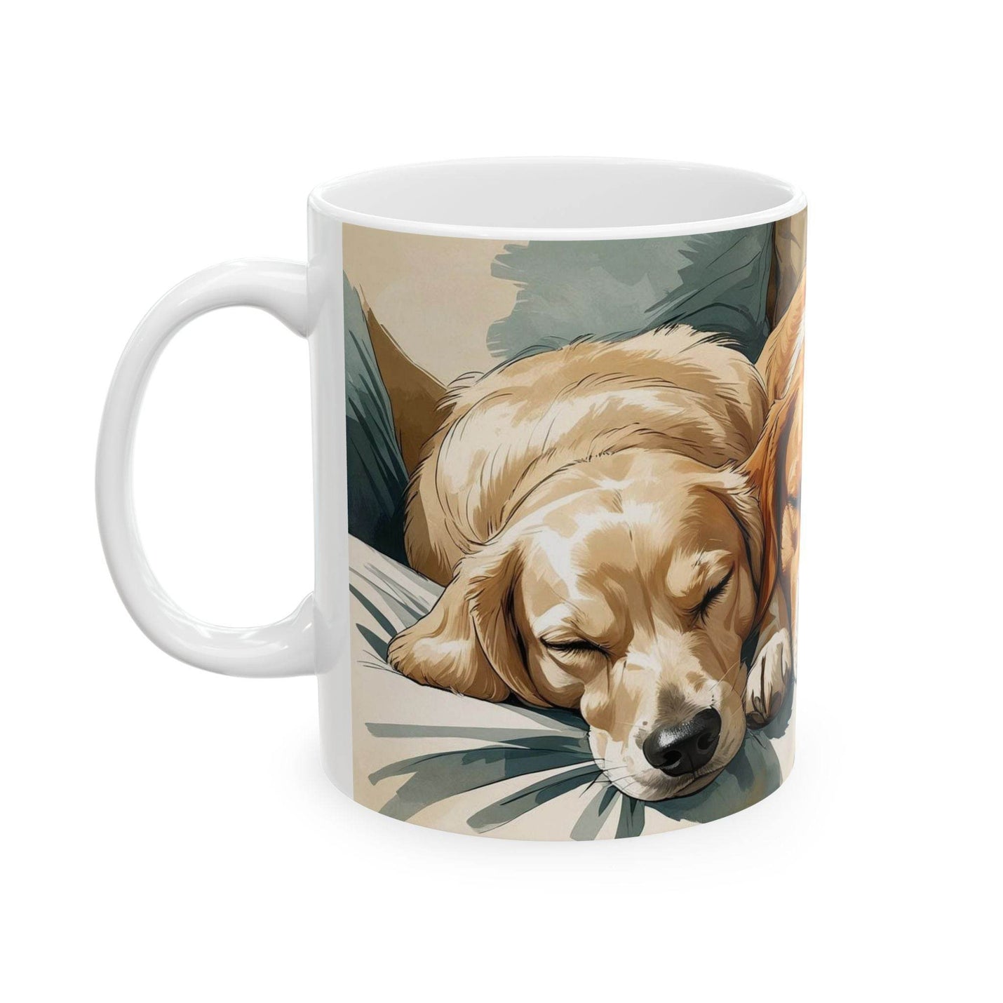 Premium 11oz dog themed Mug - Three Dogs Sleeping on a Couch filled with warm tea on a rustic wooden dining table.