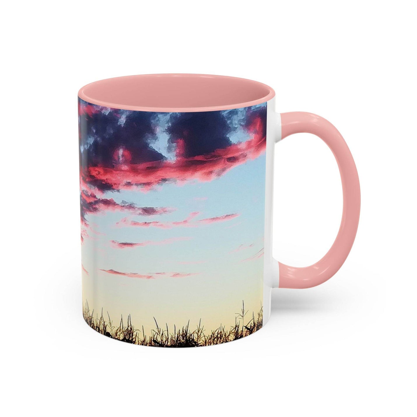 Lebendiger 325ml Sonnenuntergang Keramik-Becher, ideal fürs Homeoffice, mit rosa Henkel und rosa Innenseite.