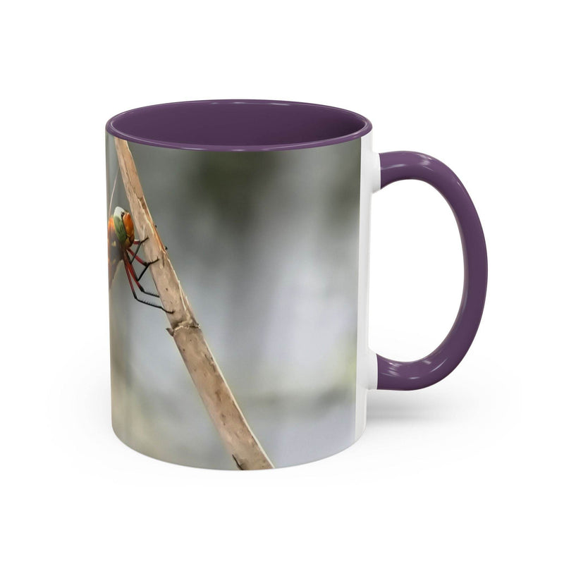 High-quality 325ml ceramic mug featuring a dragonfly illustration with an eye-catching contrast purple handle and interior.