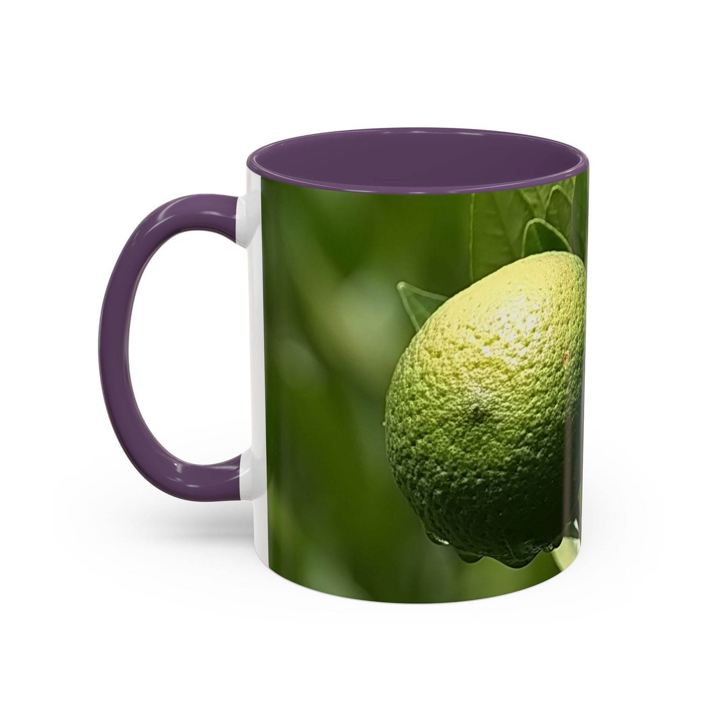 325ml Becher mit buntem Früchte-Design, veredelt durch einen lila Henkel und eine passende lila Innenseite.