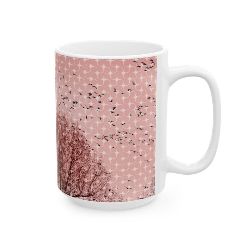 Birds at Dusk Ceramic Mug — Pink Tree Silhouette Coffee Mug (11oz & 15oz)