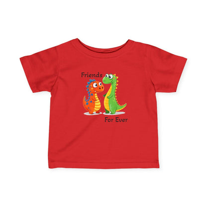 Infant tee with cartoon dinosaurs and "Friends Forever" text, perfect for dino-loving kids.