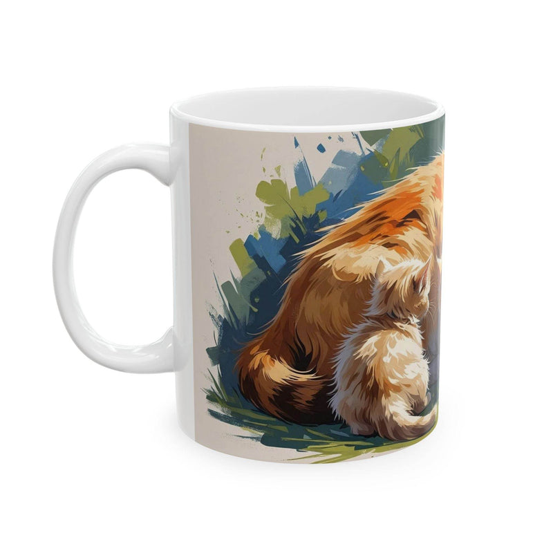 Charming 11oz colorful cat themed Colorful Cat with Cute Little Kittens Coffee Mug filled with warm morning tea.