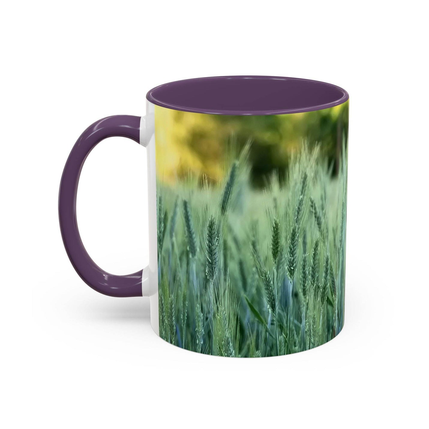 Nature inspired 11oz Mug - Wheat Field Design Coffee Mug with a purple handle and purple inside format.
