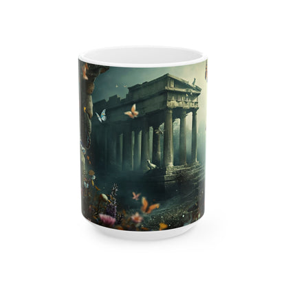 Mythic Garden Ceramic Mug — Ancient Ruins, Dear & Butterfly Floral Coffee Cup (11oz/15oz)