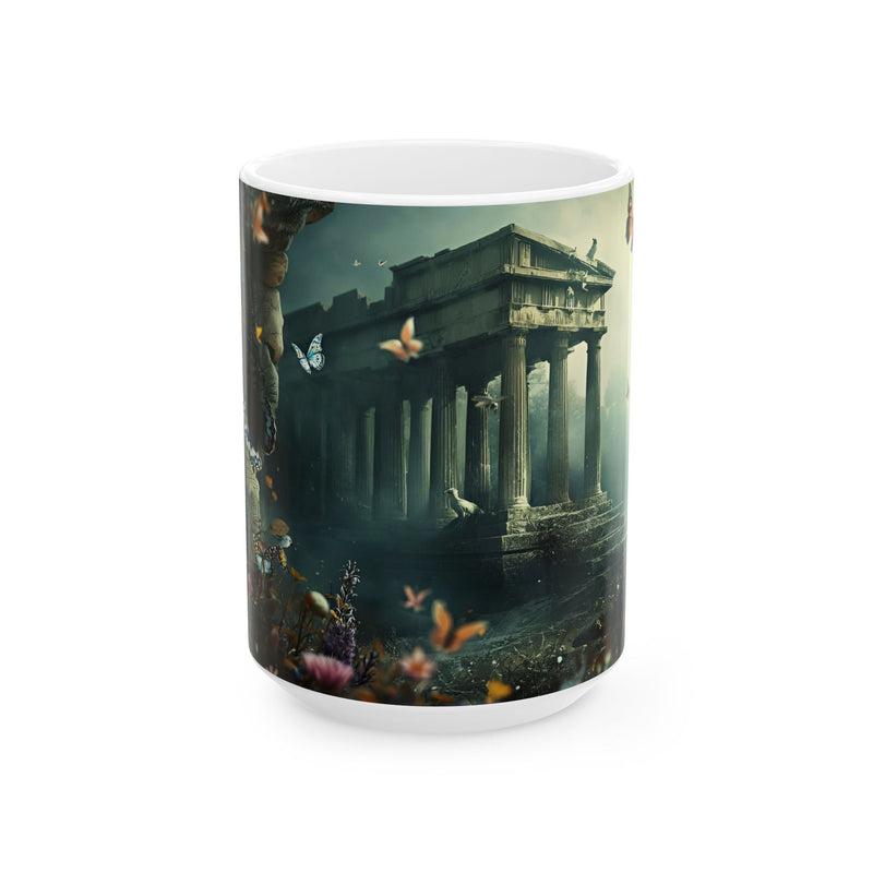 Mythic Garden Ceramic Mug — Ancient Ruins, Dear & Butterfly Floral Coffee Cup (11oz/15oz)