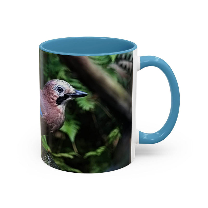 Vibrant jay bird coffee mug 11oz featuring a light blue interior and handle.