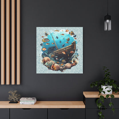 Sunken Ship Ocean Canvas Wall Art — Underwater Fish & Seashell Print