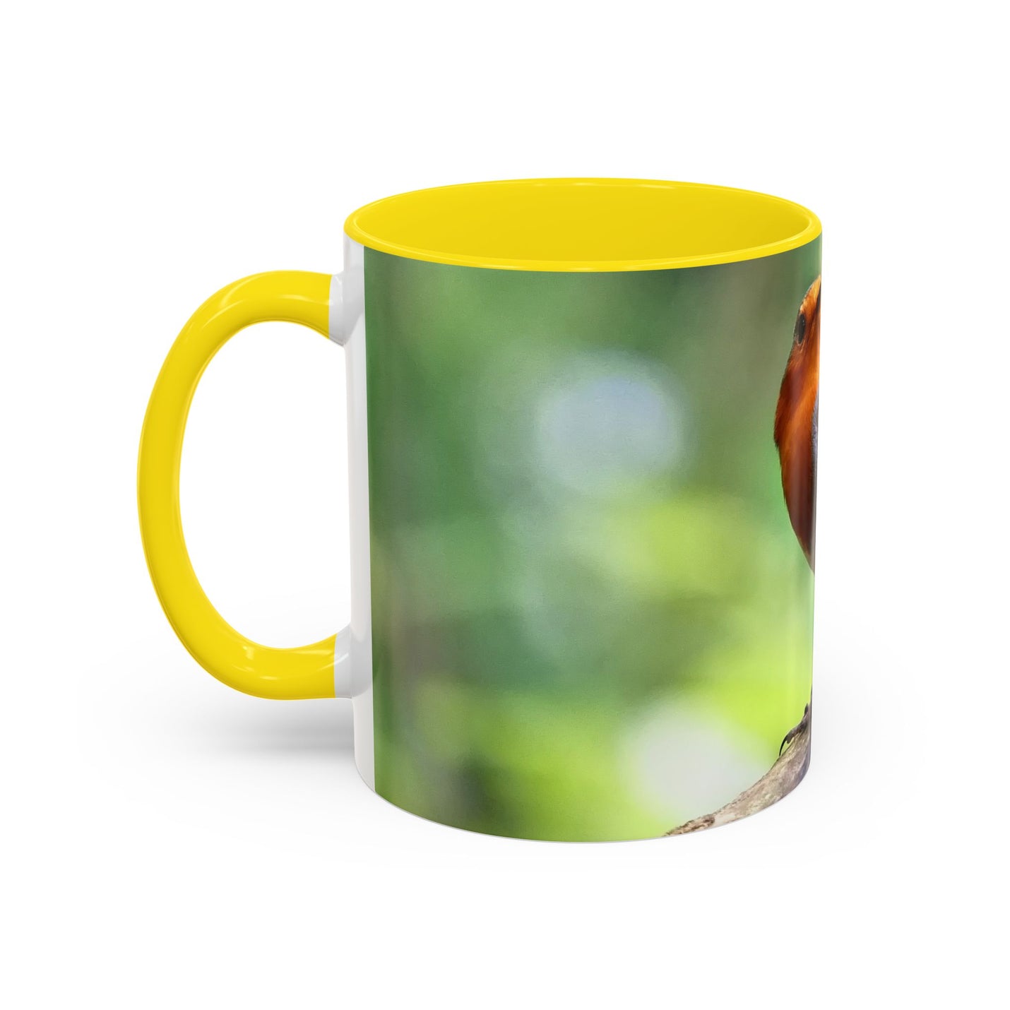 Stately Robin Ceramic Mug 325ml with Yellow handle and interior — nature bird photo with yellow handle.