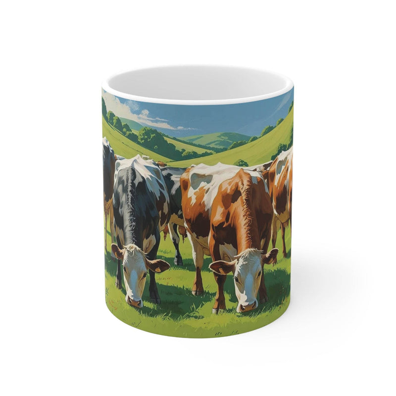 Naturbezogener 325ml Becher aus weißer Keramik mit grasenden Kühen auf der Alm als aufmerksame Geschenkidee für die Familie.