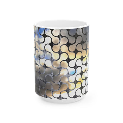 Abstract Mosaic Ceramic Coffee Mug – Blue & Neutral Pattern, 11oz/15oz