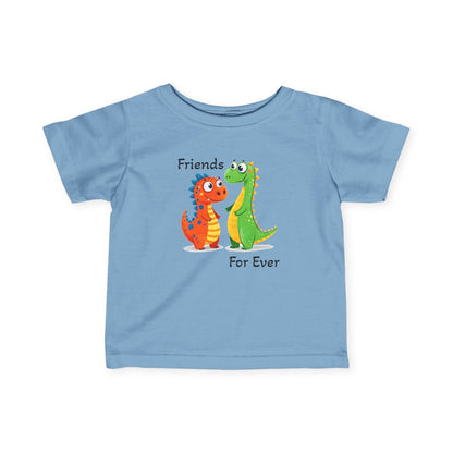 Infant tee with dinosaur print "Friends Forever" on blue fabric.