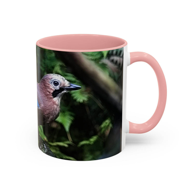 Vibrant jay bird coffee mug 11oz featuring a pink interior and handle.