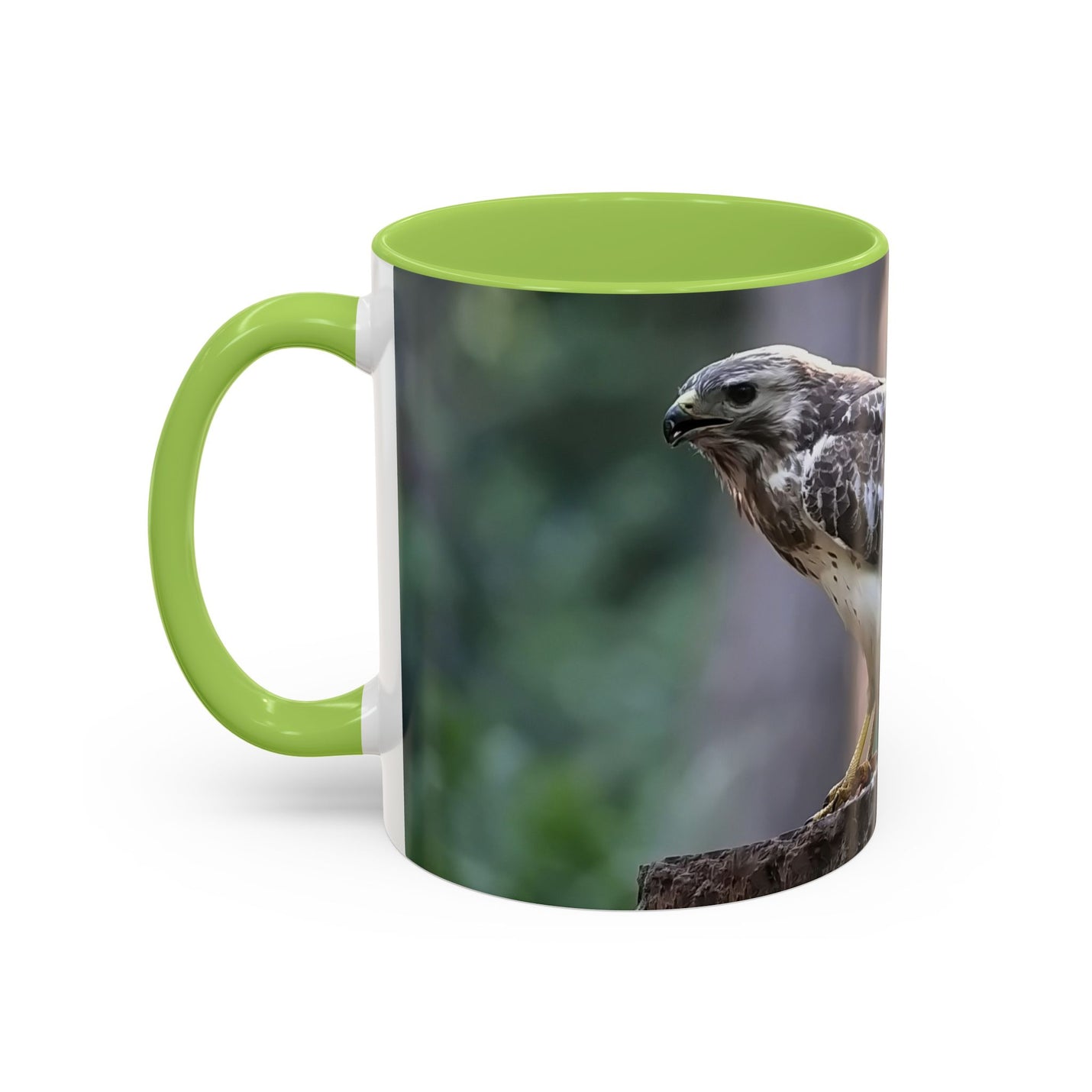 Mäusebussard Becher 325ml mit Naturdesign, hellgrünem Henkel und Inneren.