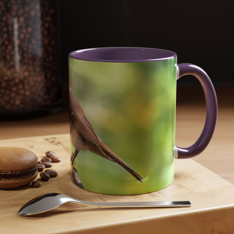 Stately Robin Ceramic Mug 325ml with Purple handle and interior — high-quality bird art coffee mug.