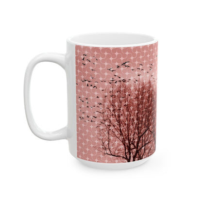Birds at Dusk Ceramic Mug — Pink Tree Silhouette Coffee Mug (11oz & 15oz)
