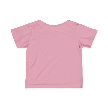 Pink infant tee with short sleeves, perfect for dino-loving toddlers, featuring durable and soft fabric ideal for everyday wear.