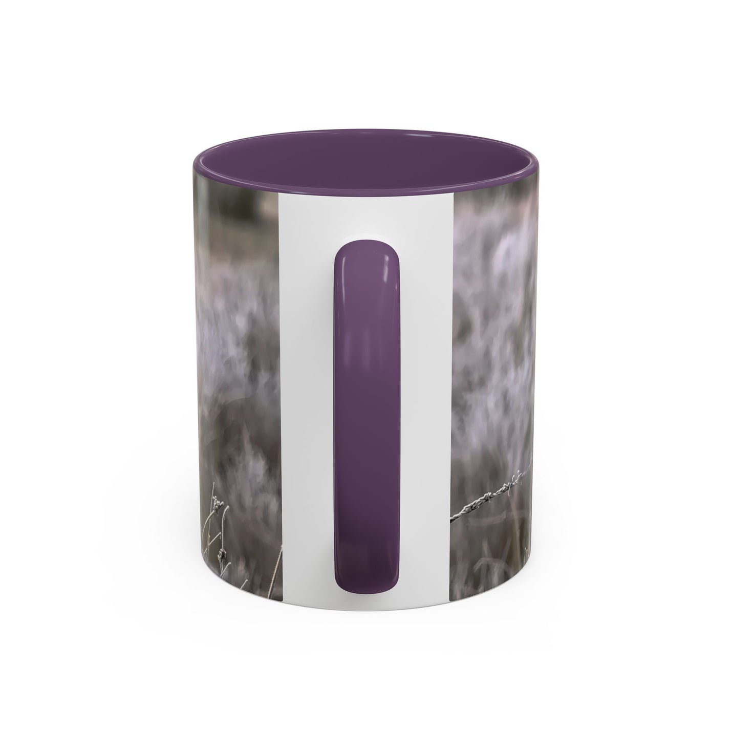 Nature photography gift: 11oz robin print mug with Purple handle and interior.