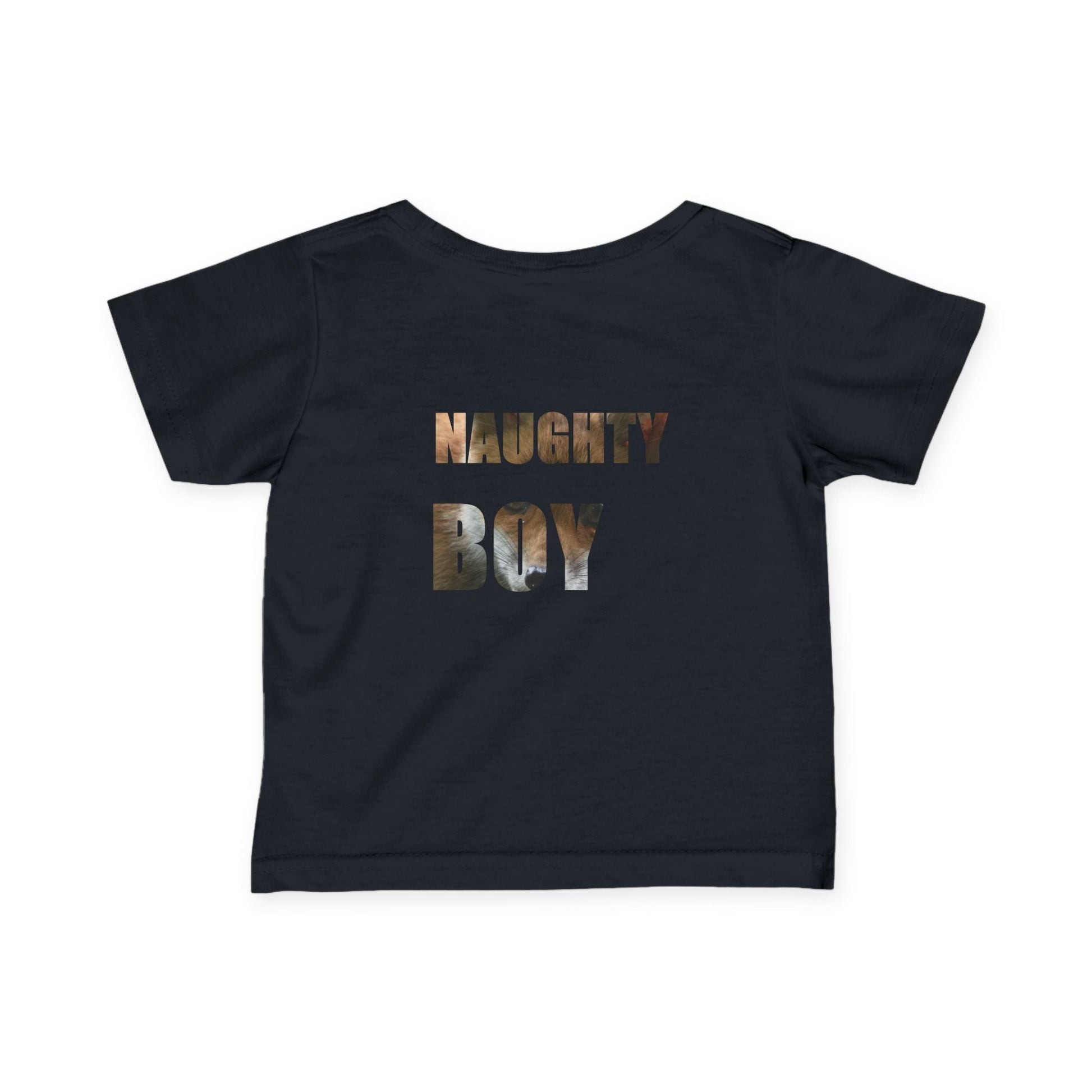 Navy blue infant tee with "Naughty Boy" text, soft cotton, perfect for playful toddlers.