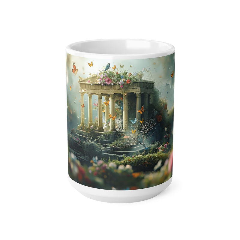 Large 440ml ceramic mug displaying a beautiful enchanted garden temple artwork with radiant butterfly details.