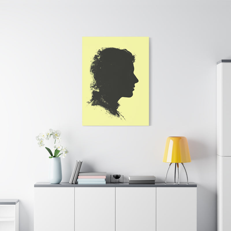 Silhouette Portrait Canvas Print — Vintage Black Profile on Soft Yellow Matte