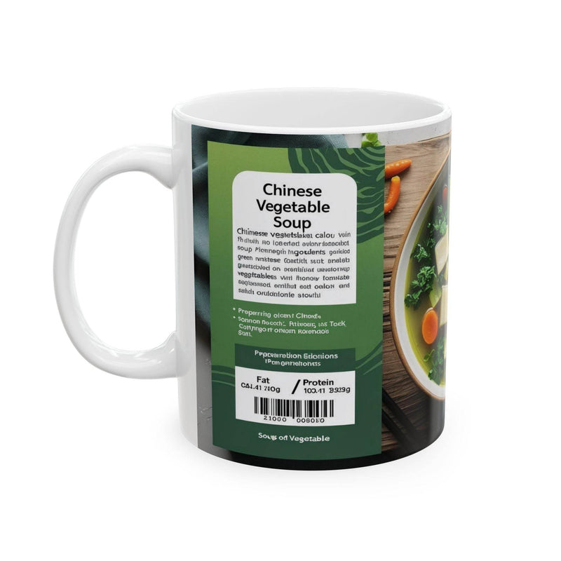 Vibrant 11oz Mug Chinese Vegetable Soup Design on a modern wooden kitchen counter layout.