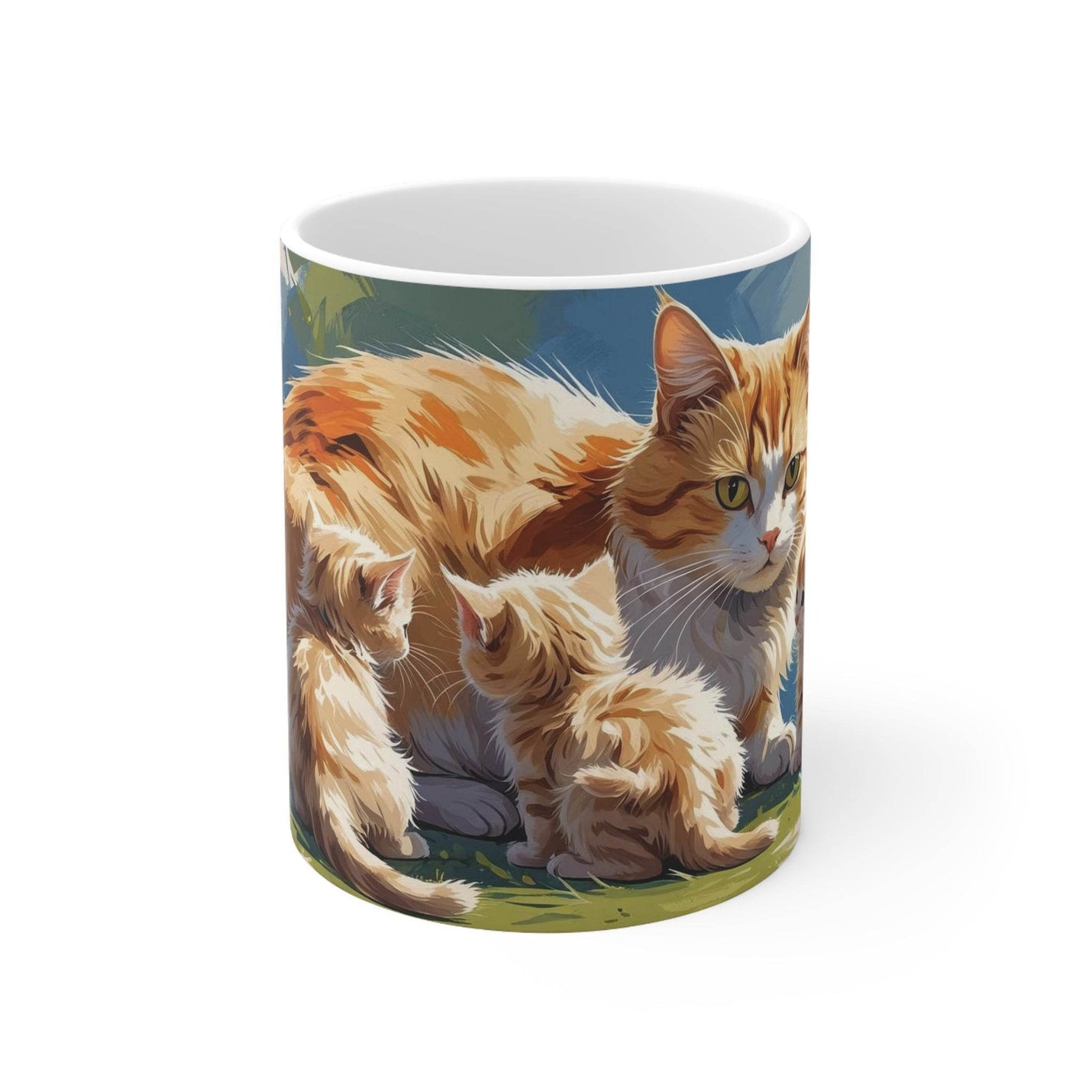 Hochwertiger 325ml Kaffeebecher mit praktischem Henkel, verziert mit einem farbenfrohen Bunte Katze und Kätzchen Design für Katzenfans.