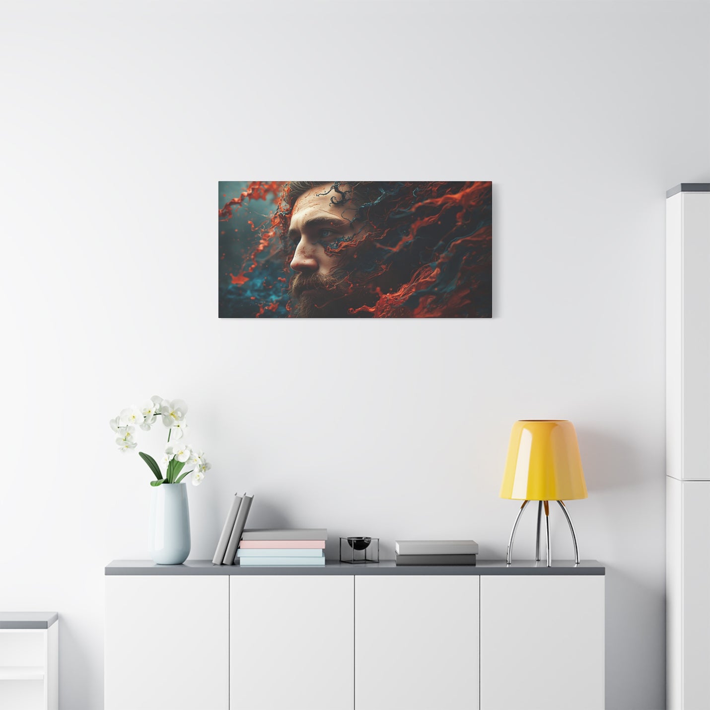Cinematic ocean god canvas art, size 40″ x 20″ | 101.60 cm x 50.80 cm, Depth 1.25″ | 3.18 cm, featuring rich red and blue pigments.