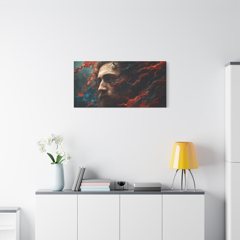 Cinematic ocean god canvas art, size 40″ x 20″ | 101.60 cm x 50.80 cm, Depth 1.25″ | 3.18 cm, featuring rich red and blue pigments.