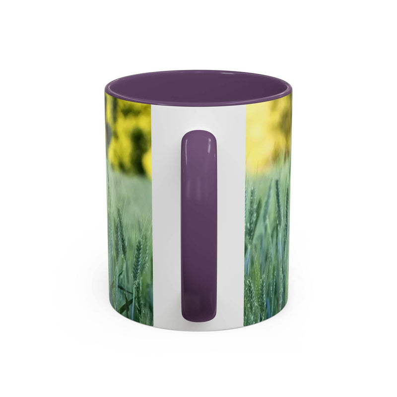 Premium 11oz Mug - Wheat Field Design Coffee Mug on a placemat, featuring a purple handle and inside detailing.