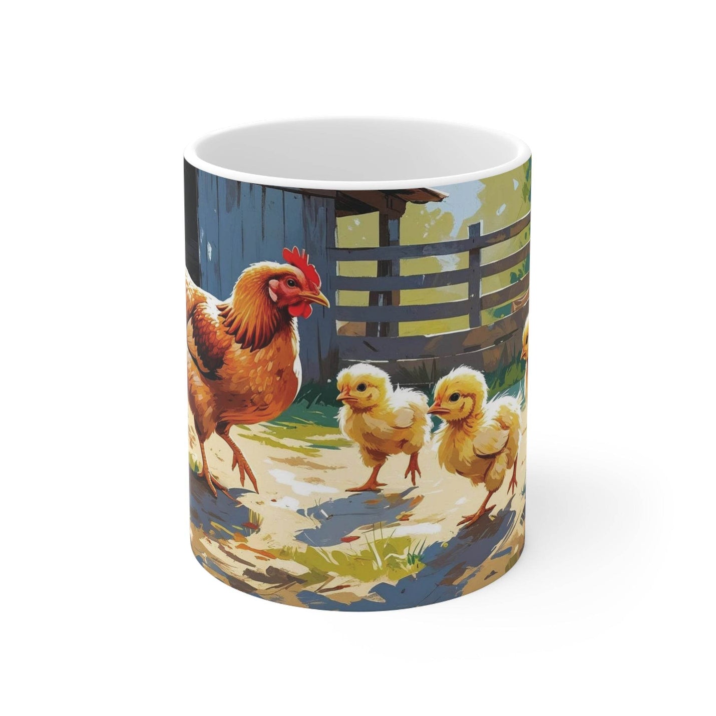 Adorable 325ml chicken and chicks coffee mug made of glossy white ceramic, a perfect gift idea for Easter or Mother's Day.