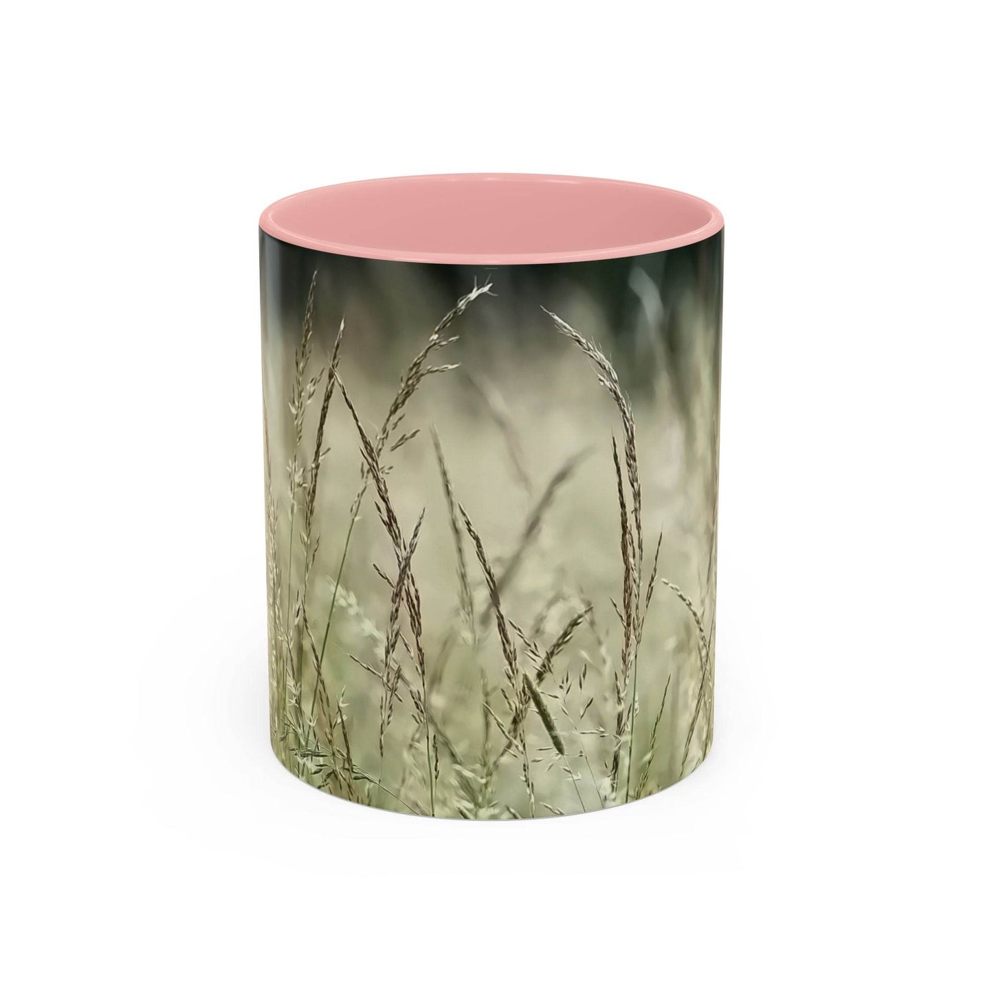 Schöner 325ml Natur-Becher mit blühendem Grasdruck, gestaltet mit einem hübschen rosa Henkel und rosa Innenseite.