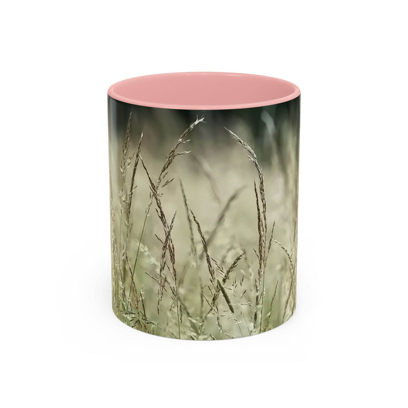 Schöner 325ml Natur-Becher mit blühendem Grasdruck, gestaltet mit einem hübschen rosa Henkel und rosa Innenseite.