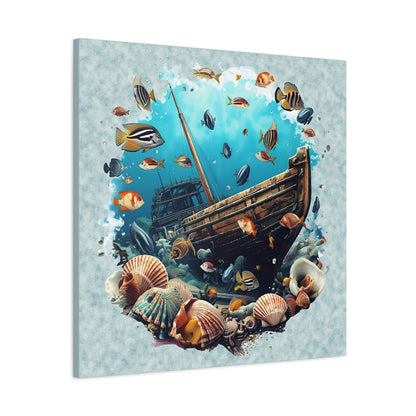 Sunken Ship Ocean Canvas Wall Art — Underwater Fish & Seashell Print