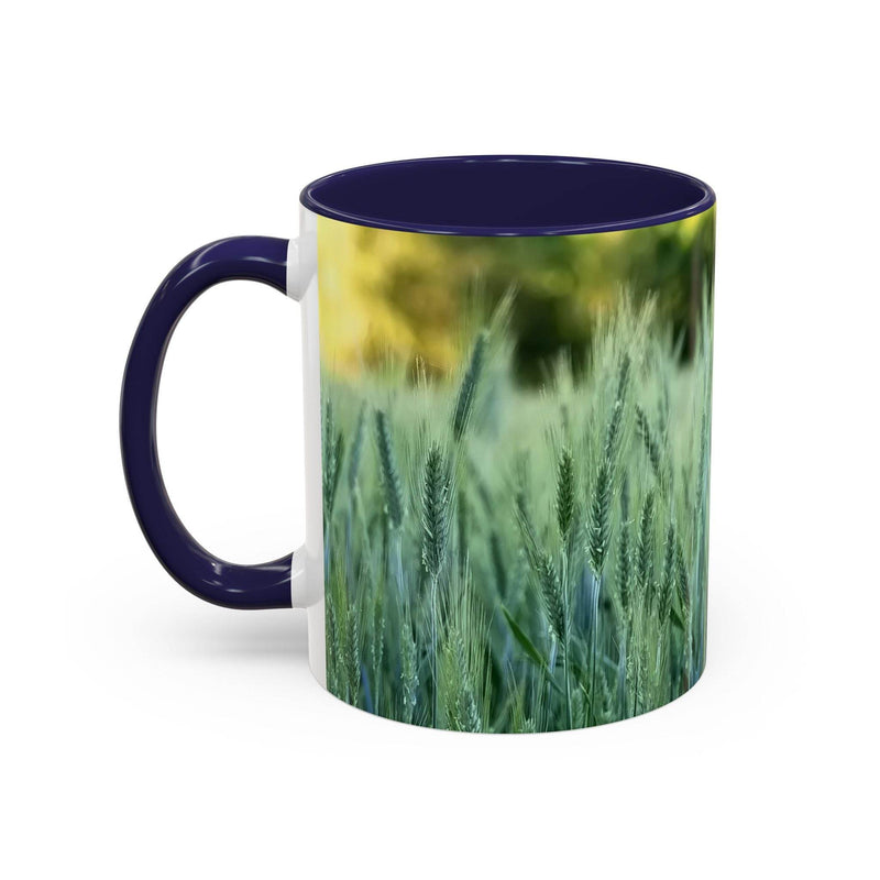 Nature inspired 11oz Mug - Wheat Field Design Coffee Mug with a navy handle and navy inside on a counter.