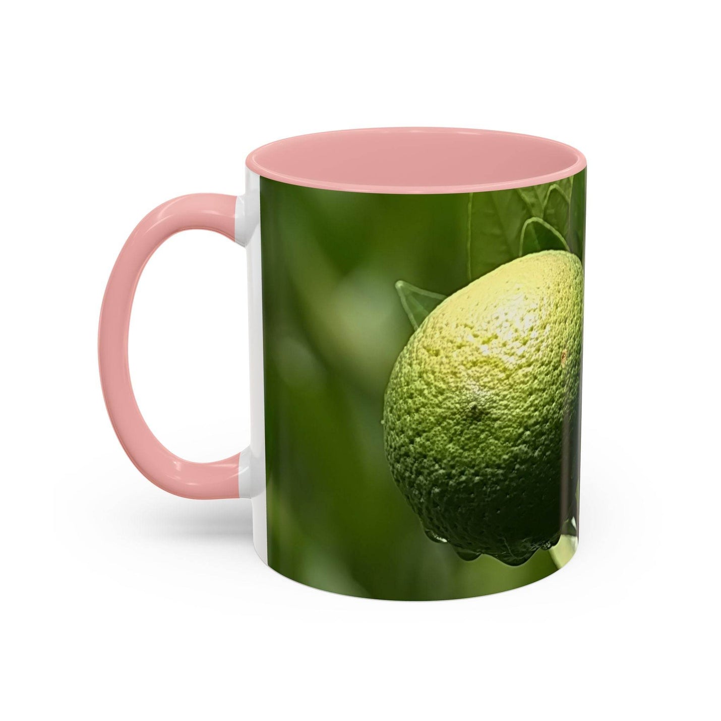 325ml Becher mit buntem Früchte-Design, veredelt durch einen rosa Henkel und eine passende rosa Innenseite.