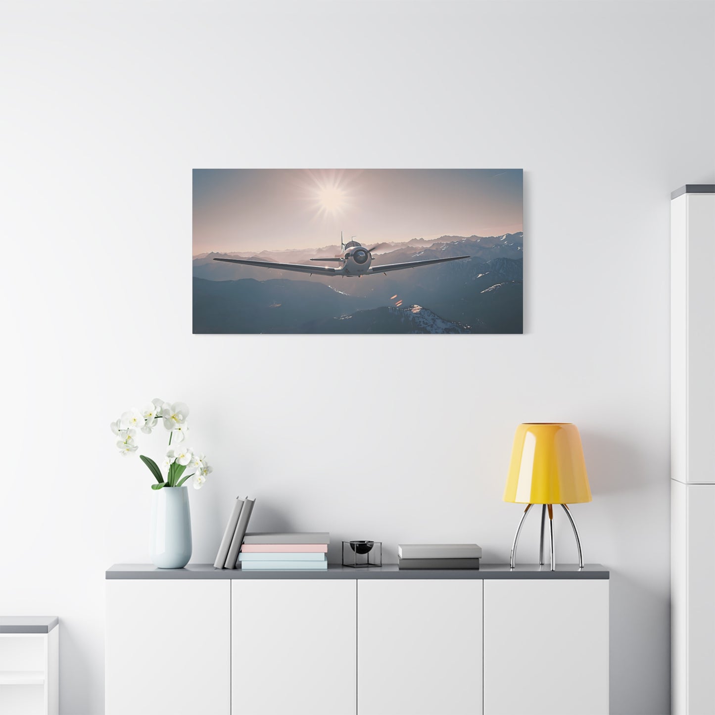 Vintage Airplane Wall Art Canvas – Stretched Matte Canvas Plane Over Mountains