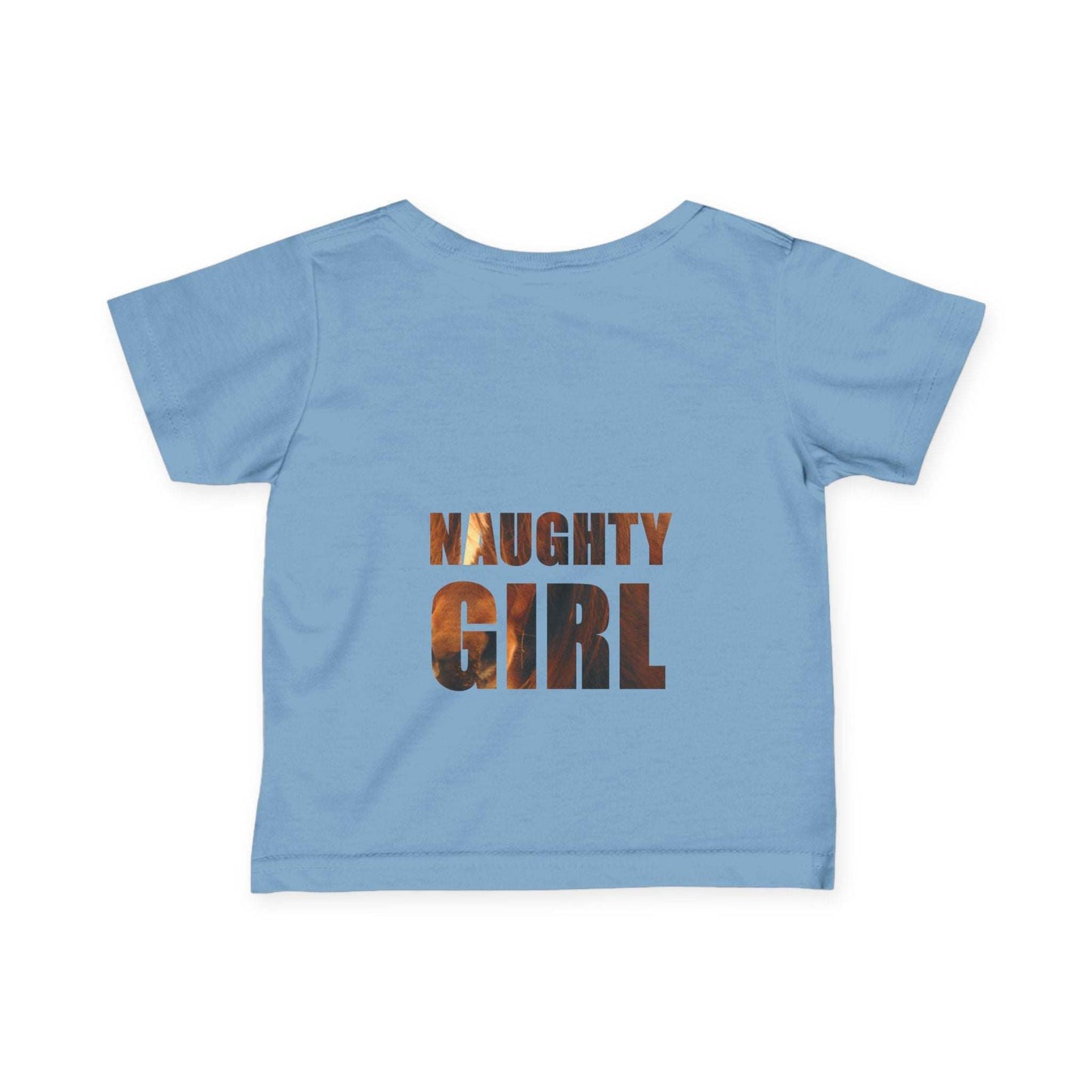 Infant tee with "Naughty Girl" text featuring horse design on blue fabric.