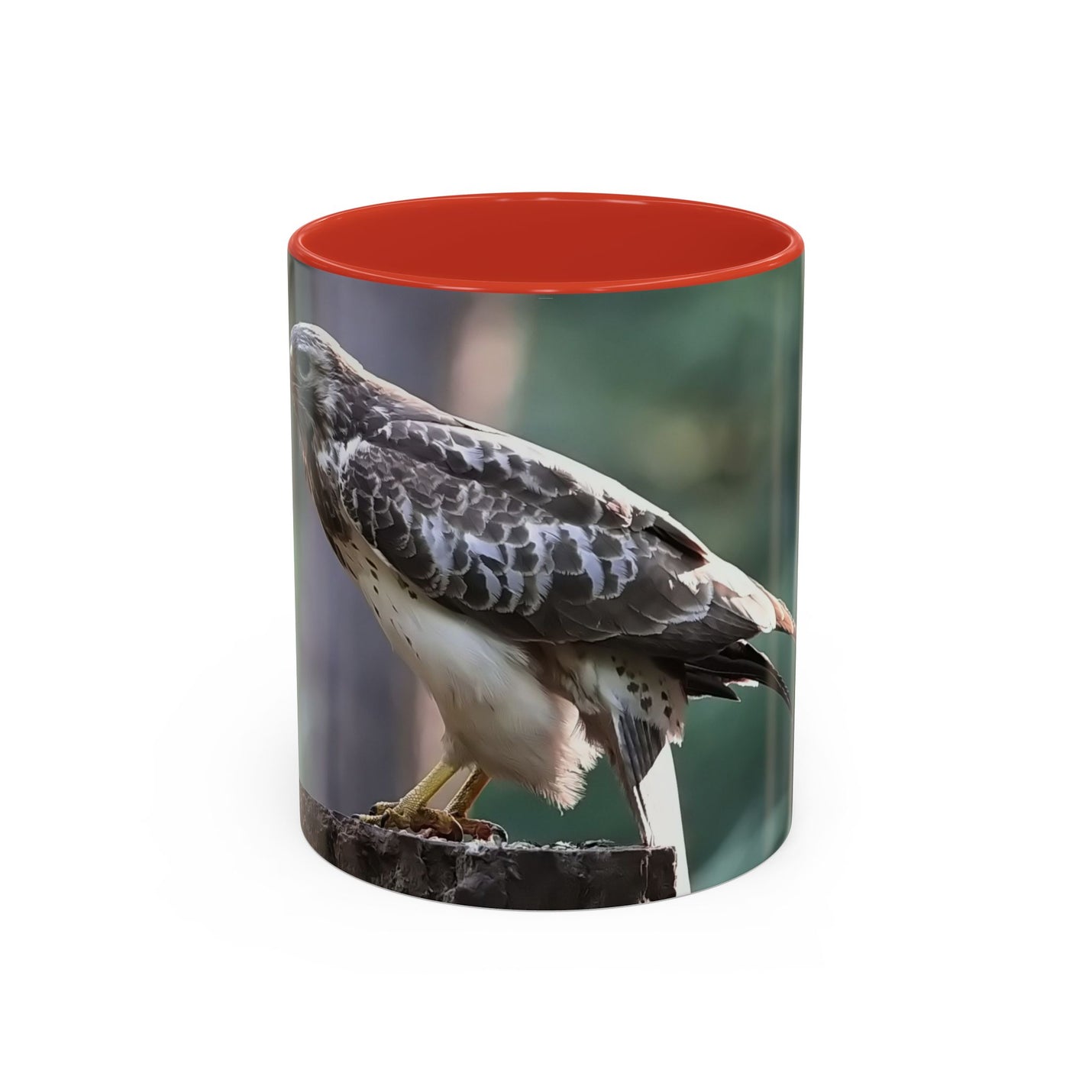 Keramik Mäusebussard Becher 325ml mit rotem Henkel und Innenseite.