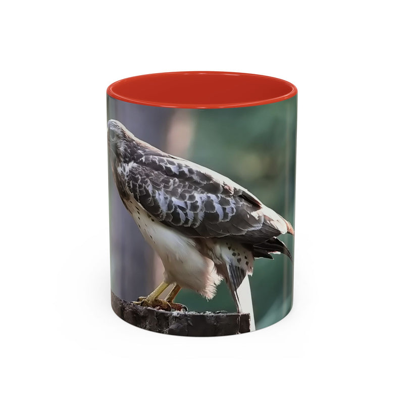 Keramik Mäusebussard Becher 325ml mit rotem Henkel und Innenseite.