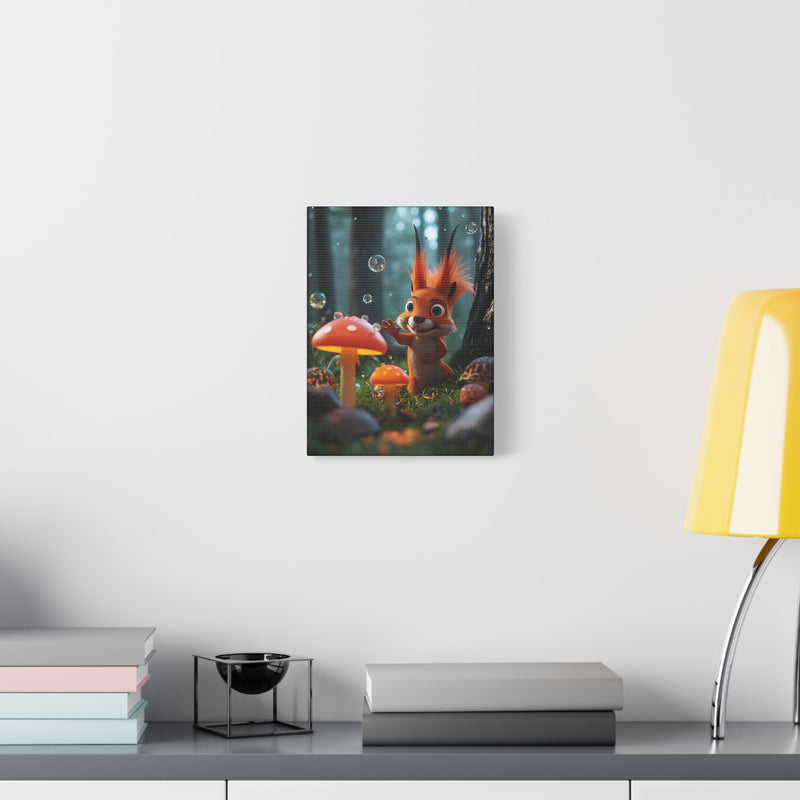Cute Squirrel & Mushroom Canvas Print — Whimsical Forest Nursery Wall Art