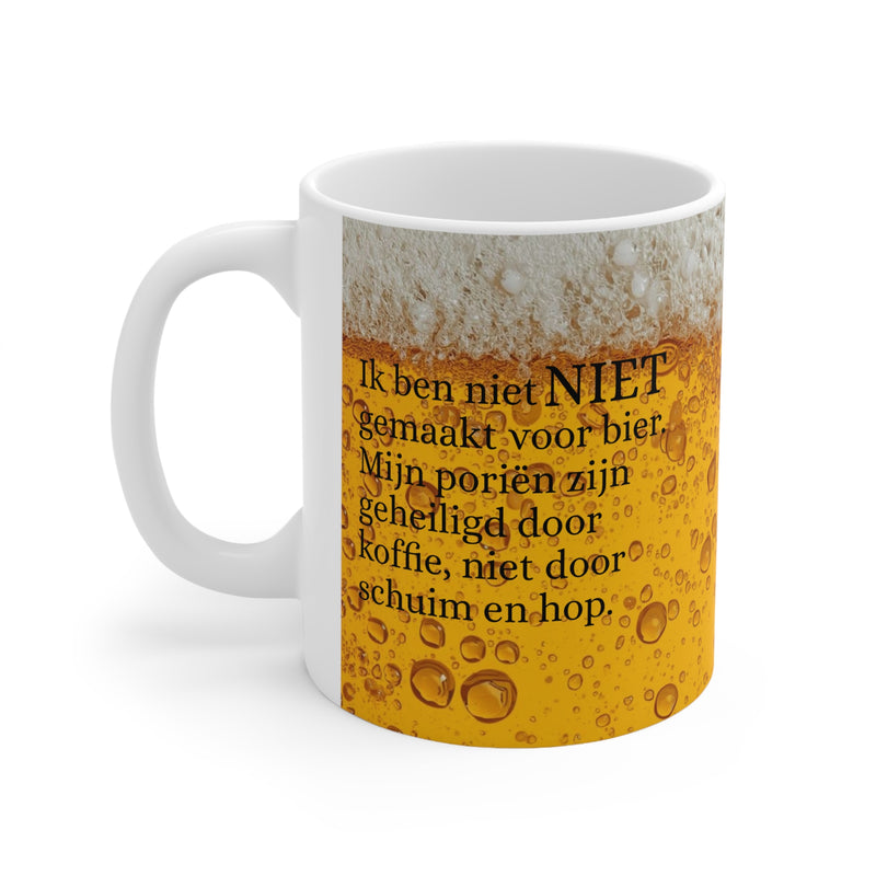 Premium 325ml beer foam ceramic coffee mug featuring a realistic golden beer print with frothy bubbles for playful mornings.