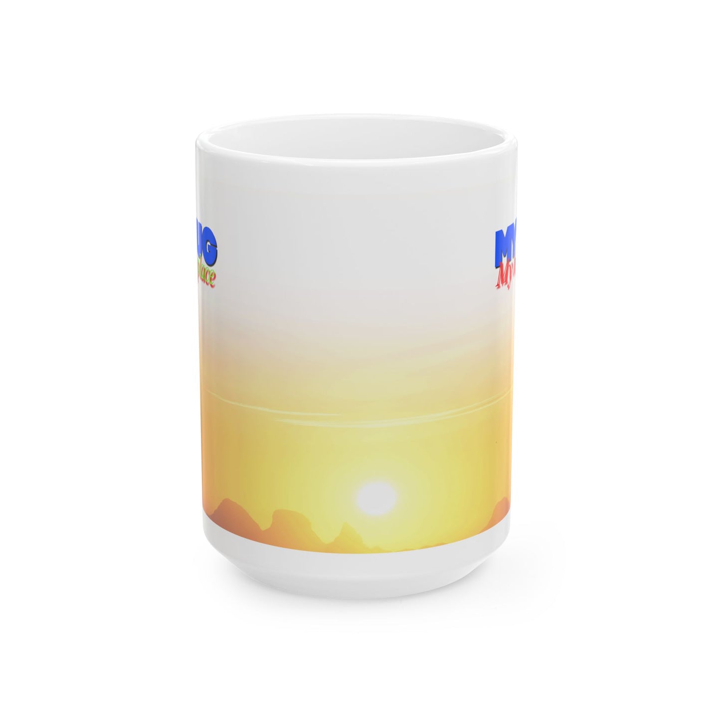 Sturdy 15oz My Mug 'My Happy Place' Ceramic Coffee Mug — Midnight Sun Scenic next to minimalist nature inspired home decor.