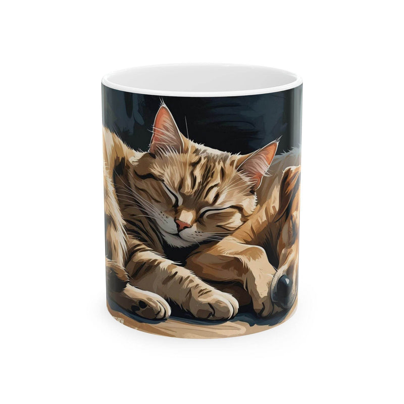 Charming 11oz ceramic Mug - Cozy Companions Mug showing a cute dog and cat scene on a rustic wooden counter.