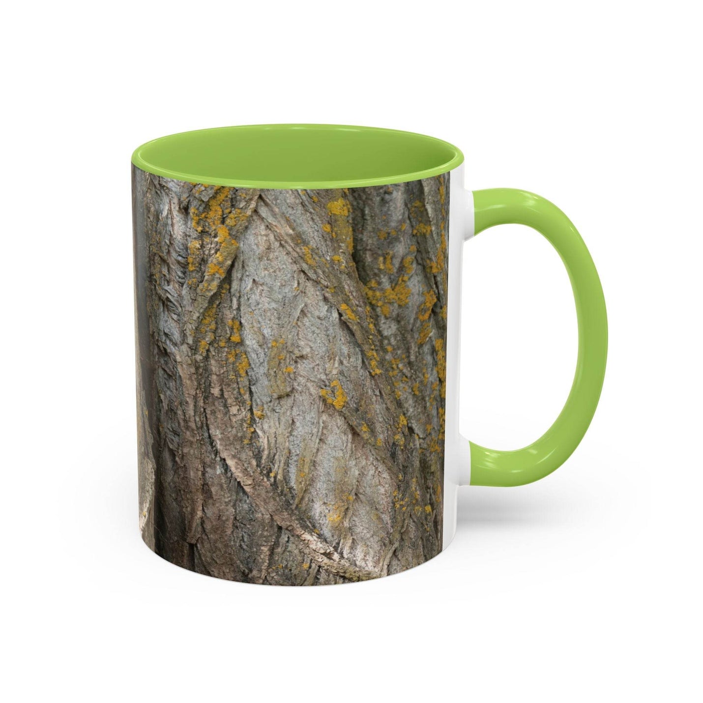 Kaffeebecher im Tree Trunk Design, 325ml groß, mit einem hellgrünen Henkel und einer passenden hellgrünen Innenseite.