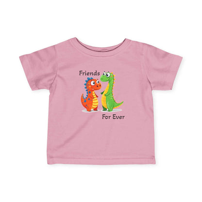 Infant tee with "Dino Friends Forever" print, pink, cute dinosaur design, 100% cotton blend, ideal for everyday wear and play.