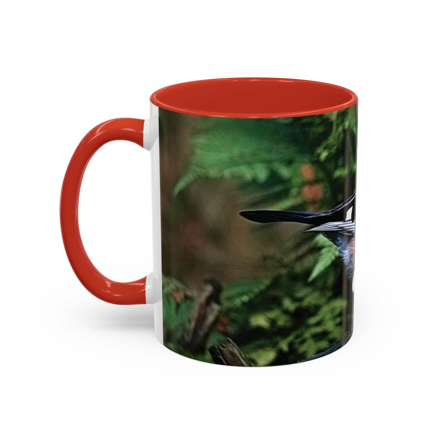 Vogelliebhaber Becher 325ml mit buntem Eichelhäher und rotem Griff.